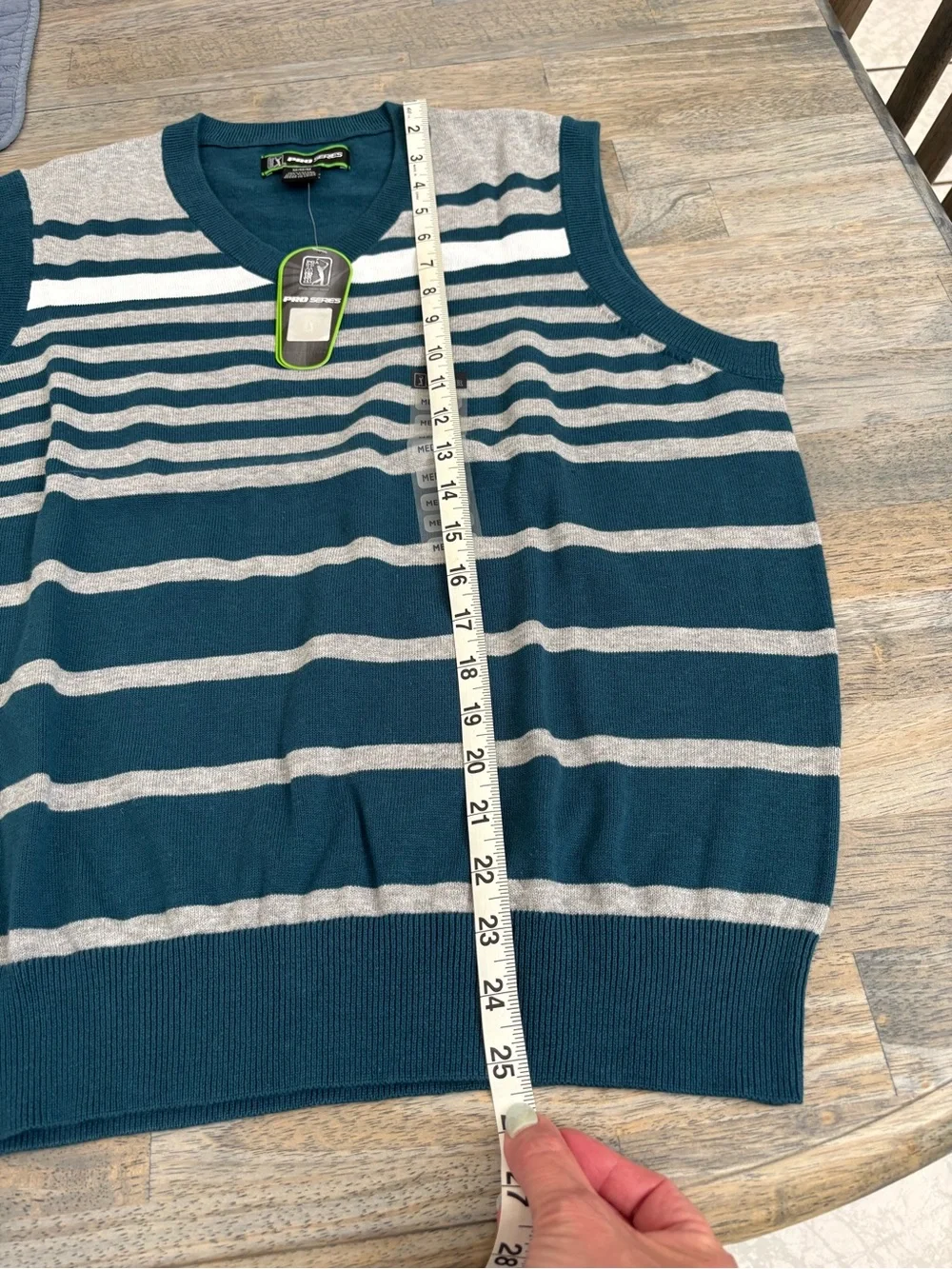PGA Tour Teal, Gray & White Striped V-Neck Sweater